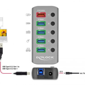 DELOCK USB hub 63262 με διακόπτες, 5x θυρών, 5Gbps, 2.4A, γκρι 2 5x θυρών