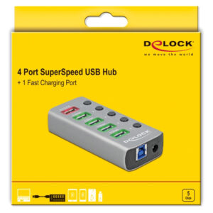 DELOCK USB hub 63262 με διακόπτες, 5x θυρών, 5Gbps, 2.4A, γκρι 3 5Gbps