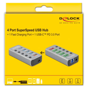 DELOCK USB hub 63263 με διακόπτες, 6x θυρών, 5Gbps, 12V/2.25A PD, γκρι 3 5Gbps