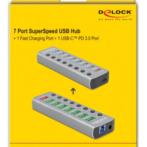 DELOCK USB hub 63264 με διακόπτες, 9x θυρών, 5Gbps, 12V/2.25A PD, γκρι 3 5Gbps