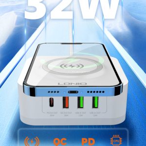 LDNIO σταθμός φόρτισης AW004, USB-C/3x USB/wireless, 32W, PD/QC, λευκός 4 PD/QC