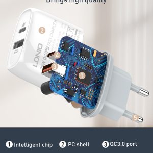 LDNIO φορτιστής τοίχου Q229 με καλώδιο, USB & USB-C, 20W PD, λευκός 3 20W PD