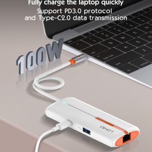 LDNIO USB hub DS-26U με θύρα δικτύου, 6 θυρών, USB-C σύνδεση, 100W PD, λευκό 3 USB-C σύνδεση