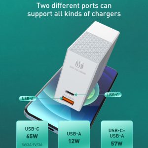 LDNIO φορτιστής τοίχου A2620C με καλώδιο, USB & USB-C, 65W PD, λευκός 4 λευκός