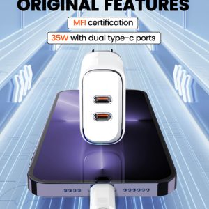 LDNIO φορτιστής τοίχου A2528M με καλώδιο, 2x USB-C, 35W, MFi, λευκό 2 2x USB-C