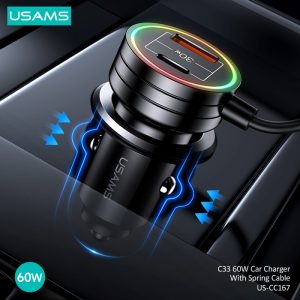USAMS φορτιστής αυτοκινήτου US-CC167 με καλώδιο, USB/USB-C, 60W, μαύρος 4 μαύρος
