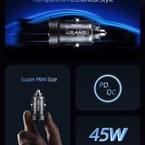 USAMS φορτιστής αυτοκινήτου US-CC175, USB & USB-C, 45W, QC & PD, μαύρος 3 45W