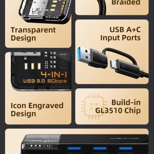 CABLETIME USB hub CT-HUBT3-PB, 4x θυρών, 5Gbps, USB/USB-C σύνδεση, μαύρο 4 USB/USB-C σύνδεση