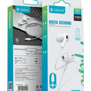 CELEBRAT earphones με μικρόφωνο E300, USB-C σύνδεση, Φ10mm, 1.2m, λευκά 4 1.2m