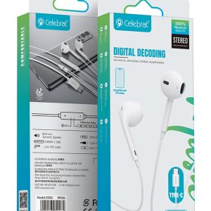 CELEBRAT earphones με μικρόφωνο E500, USB-C σύνδεση, Φ14mm, 1.2m, λευκά 4 1.2m