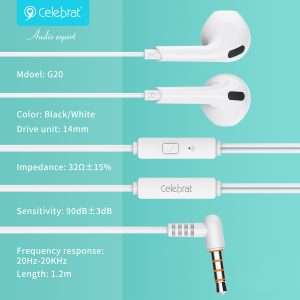 CELEBRAT earphones με μικρόφωνο G20, 3.5mm σύνδεση, Φ14mm, 1.2m, λευκά 4 1.2m