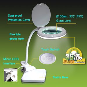 PROSKIT μεγεθυντικός φακός MA-1010U, κλιπ & βάση, LED, 3D 1.75x, λευκός 3 LED