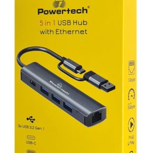 POWERTECH USB hub PTR-0150 με θύρα δικτύου, 4 θυρών, USB & USB-C, γκρι 3 USB & USB-C