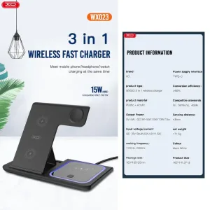 Ασύρματος φορτιστής με βάση smartphone XO WX023, 15W, 3 σε 1 (για κινητό, ακουστικά, ρολόι) Μαύρος 3 Ασύρματος φορτιστής XO BLACK