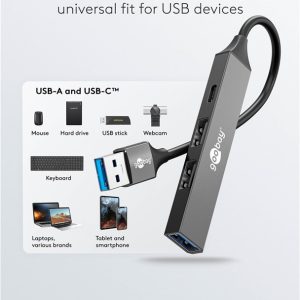 GOOBAY USB hub 74458, 4x θυρών, USB 3.2, 5Gbps, USB σύνδεση, γκρι 4 5Gbps