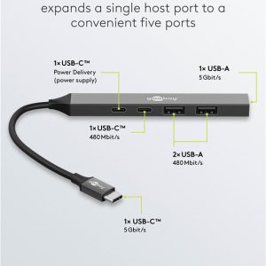 GOOBAY USB hub 74460, 5x θυρών, USB 3.2, 5Gbps, 100W, USB-C σύνδεση, γκρι 3 USB 3.2