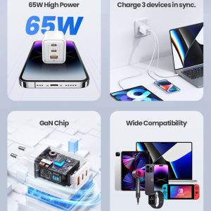 USAMS φορτιστής τοίχου US-CC180, USB & 2x USB-C, 65W PD, GaN, μαύρος 3 65W PD