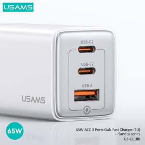 USAMS φορτιστής τοίχου US-CC180, USB & 2x USB-C, 65W PD, GaN, μαύρος 4 GaN