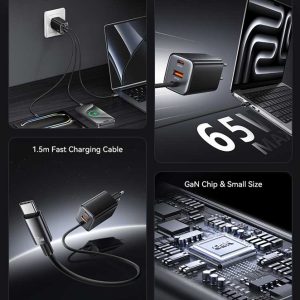 USAMS φορτιστής τοίχου CC266 με καλώδιο, USB & USB-C, 65W, GaN, μαύρος 3 65W