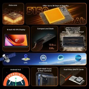 OUKITEL tablet RT3 Pro, 8", 4/128GB, 4G, 5150mAh, IP68/IP69K, μαύρο 2 8"