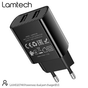 LAMTECH TRAVEL WALL CHARGER 2.1A WITH 2xUSB BLACK 4 054 01 000258 4