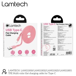 LAMTECH TYPE-C 3.0A FLAT CHARGING CABLE 1M PINK 4 054 01 000418 5
