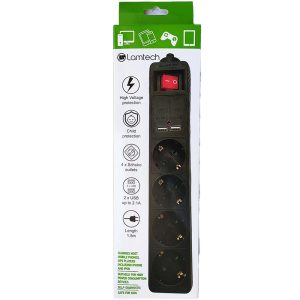 LAMTECH 4WAY SURGE PROTECTOR WITH 2xUSB 4xSCHUKO BLACK 1.5M 2 054 01 000442 1