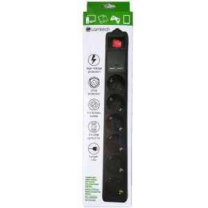 LAMTECH 6WAY SURGE PROTECTOR WITH 2xUSB 6xSCHUKO BLACK 1.5M 2 054 01 000444 1