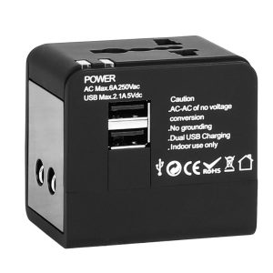 LAMTECH UNIVERSAL TRAVEL ADAPTER WITH 2 USB PORTS AC 6A BLACK 2 054 01 000499 4
