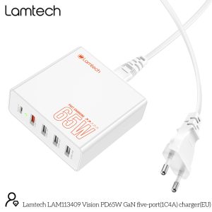LAMTECH GAN FAST CHARGER 1xTYPE-C & 4xQC3.0 65W & EU CABLE 1.5M 4 054 01 000523 1