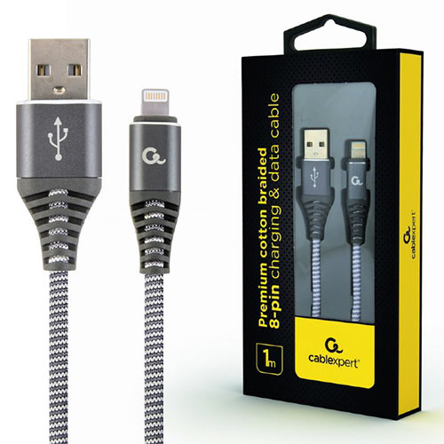 CABLEXPERT PREMIUM COTTON BRAIDED LIGHTNING CHARGING AND DATA CABLE 1M SPACEGREY/WHITE RETAIL PACK CABLEXPERT PREMIUM COTTON BRAIDED LIGHTNING CHARGING AND DATA CABLE 1M SPACEGREY/WHITE RETAIL PACK