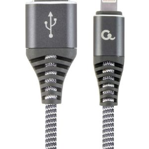 CABLEXPERT PREMIUM COTTON BRAIDED LIGHTNING CHARGING AND DATA CABLE 1M SPACEGREY/WHITE RETAIL PACK 2 072 01 001413 1