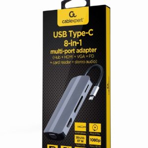 CABLEXPERT USB TYPE-C 8IN1 MULTI-PORT ADAPTER (HUB+HDMI+VGA+PD+CARD READER+STEREO AUDIO) SILVER 3 072 01 001673 2