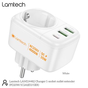 LAMTECH MULTIFUNCTIONAL SURGE PROTECTOR WALL SOCKET 1xSCHUKO 2xUSB 1xTYPE-C PD20W 3 1 2