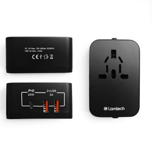 LAMTECH UNIVERSAL POWER TRAVEL ADAPTER 2XUSB 1XTYPE-C 20W BLACK 4 112808 7