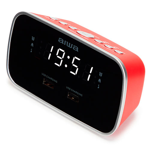 AIWA DUAL ALARM CLOCK RADIO WITH 2 CHARGING USB PORTS RED AIWA DUAL ALARM CLOCK RADIO WITH 2 CHARGING USB PORTS RED