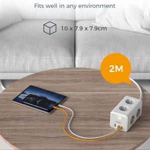 TESSAN 9 IN 1 CUBOID POWER STRIP 6xSCHUKO, 2xUSB, 1xTYPE-C, 2M CABLE 4 2M CABLE