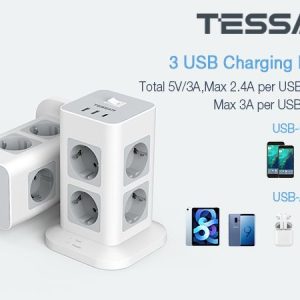 TESSAN 11 IN 1 TOWER SURGE PROTECTOR 8xSCHUKO, 2xUSB, 1xTYPE-C, 2M CABLE 4 2M CABLE