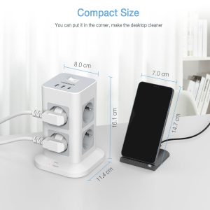 TESSAN 11 IN 1 TOWER SURGE PROTECTOR 8xSCHUKO, 2xUSB, 1xTYPE-C, 2M CABLE 3 1xTYPE-C