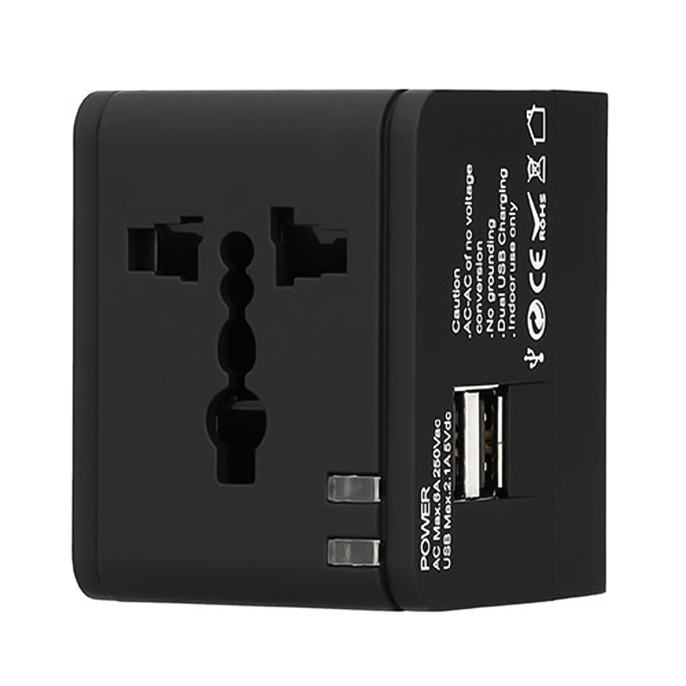 LAMTECH UNIVERSAL TRAVEL ADAPTER WITH 2 USB PORTS AC 6A BLACK LAMTECH UNIVERSAL TRAVEL ADAPTER WITH 2 USB PORTS AC 6A BLACK