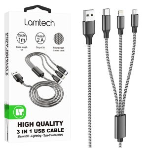 LAMTECH HIGH QUALITY 3 IN 1 USB CABLE WITH METALLIC SHELL BLACK 1M