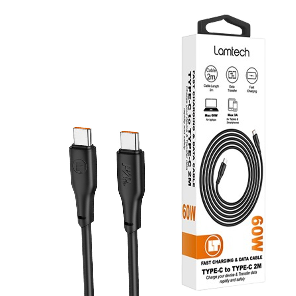 LAMTECH CHARGE AND DATA CABLE TYPE-C TO TYPE-C 60W 2M BLACK LAMTECH CHARGE AND DATA CABLE TYPE-C TO TYPE-C 60W 2M BLACK