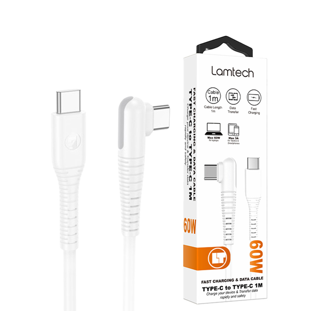 LAMTECH TYPE-C TO TYPE-C 60W ANGLED DATA & CHARGE CABLE 1M WHITE LAMTECH TYPE-C TO TYPE-C 60W ANGLED DATA & CHARGE CABLE 1M WHITE