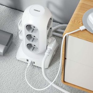 TESSAN 15 IN 1 TOWER SURGE PROTECTOR 25W 12xSCHUKO, 2xUSB, 1xTYPE-C, 2M CABLE WHITE 3 1xTYPE-C