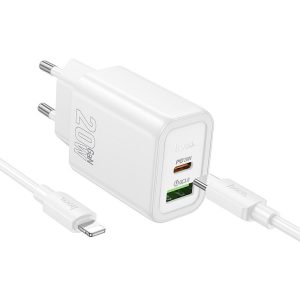 Phone charger Hoco USB A + USB C QC3.0 PD 3A 20W + cable USB C to Lightning N61 white