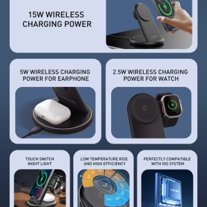 LDNIO ασύρματος φορτιστής WL02 με LED φωτισμό, 3 σε 1, 15W, μαύρος 3 15W