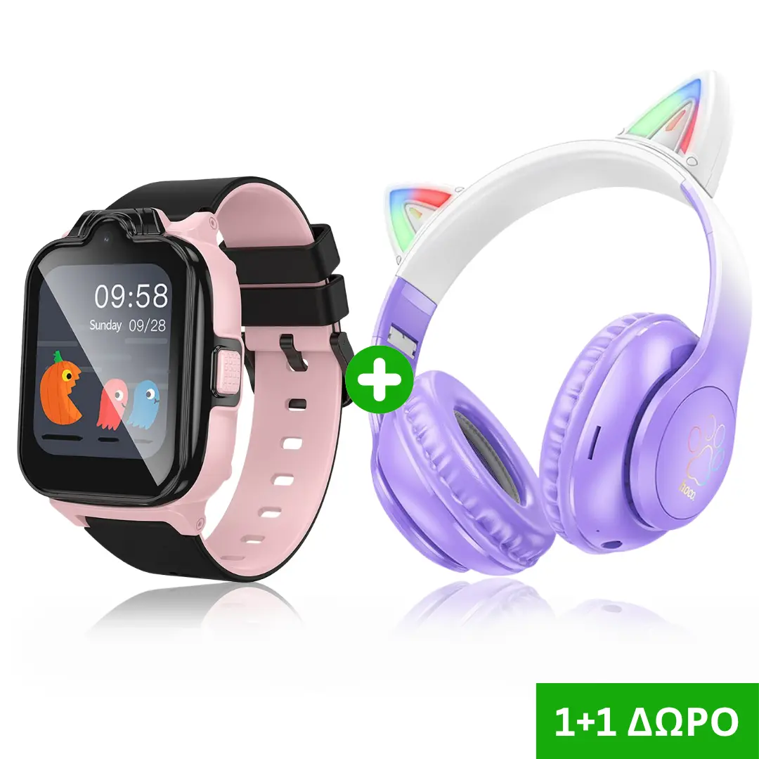 1+1 Δώρο – Παιδικό Smartwatch με Κάρτα SIM, Κλήσεις, GPS & Ελληνικό Μενού, Ροζ + Bluetooth Ακουστικά με LED, Μωβ 1+1 Δώρο – Παιδικό Smartwatch με Κάρτα SIM, Κλήσεις, GPS & Ελληνικό Μενού, Ροζ + Bluetooth Ακουστικά με LED, Μωβ