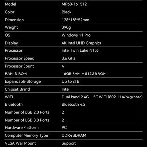 BLACKVIEW MINI PC INTEL N150 (16GB+1TB) 4K DUAL BAND WIN11 PRO BLACK 4 MP60 N150 5