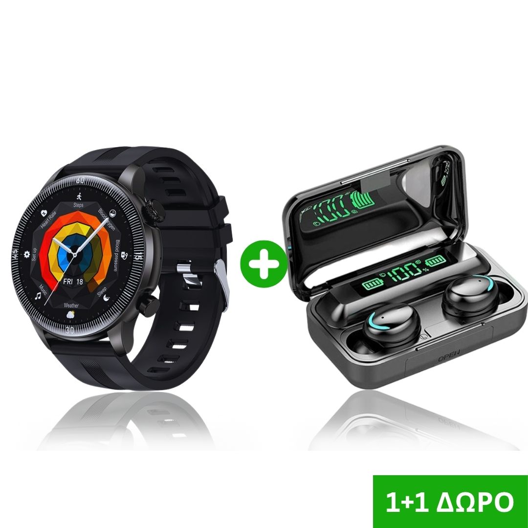 Smartwatch & bluetooth earphones 1+1 Δώρο – Smartwatch με Ελληνικό Μενού, Bluetooth Κλήσεις, Μέτρηση οξυγόνου & παλμού, Αδιάβροχο IP67, Μαύρο & Ασύρματα Ακουστικά Bluetooth με Βάση Φόρτισης F9+5C Μαύρα