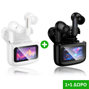 1+1 Δώρο - 2 Ακουστικά Ασύρματα bluetooth HOCO με Οθόνη αφής και βάση φόρτισης TWS EQ14 Μαύρα & Λευκά